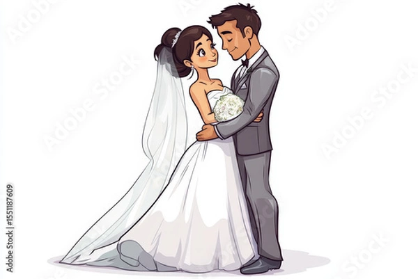 Obraz Joyful Newlyweds Embrace. A cartoon illustration depicts a newlywed couple embracing on their wedding day, filled with love and joy.