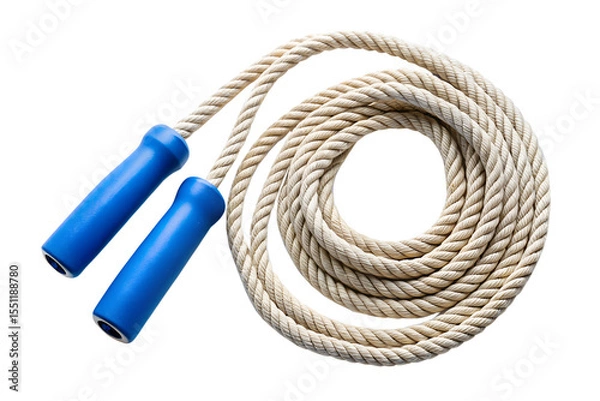 Obraz Thick beige rope with blue handles coiled into a circle isolated on transparent background