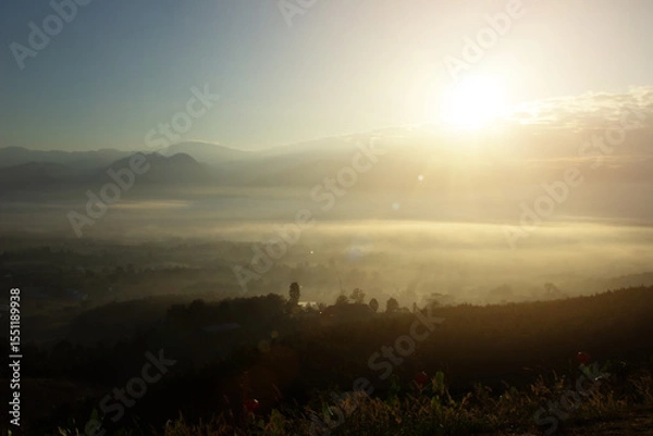 Fototapeta Natural background blurring warm colors and bright sun light. Bokeh or Christmas background Green Energy at sky sunny color orange light patterns plain abstract flare evening clouds blur.
