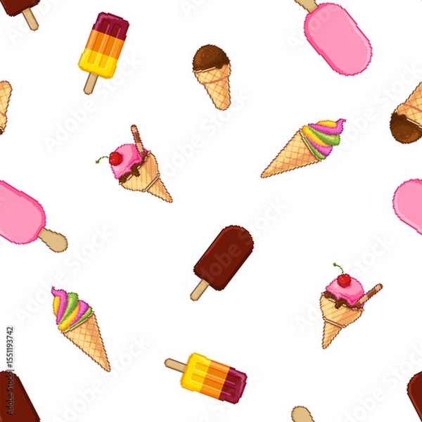 Fototapeta Pixel art ice cream seamless pattern. Cute repeating summer background for textile and packaging. Retro 8-bit style vector illustration.