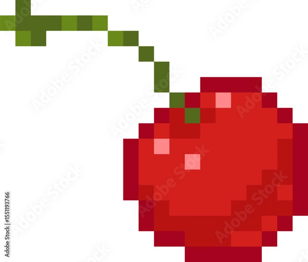 Fototapeta Pixel art cherry with a green stem. Cute minimal design, perfect for icons, UI elements and nostalgic video game-style illustrations. Vector format.