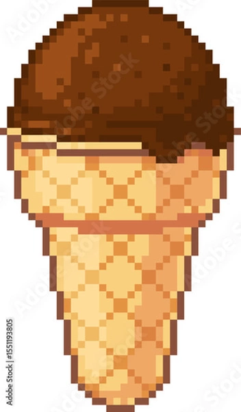 Fototapeta Vector pixel art illustration of waffle cone with scoop of chocolate ice cream. Isolated on white background. Stylized and colorful pixel design.