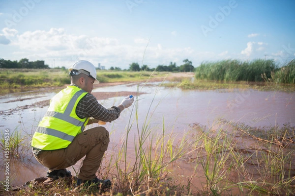 Fototapeta An environmental engineer examines water samples from a natural to identify organisms in ecosystem