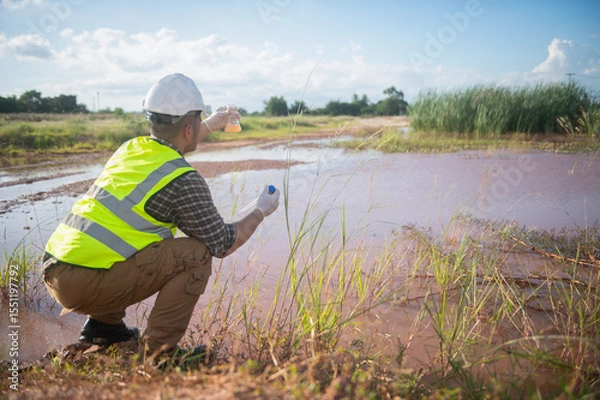 Fototapeta An environmental engineer examines water samples from a natural to identify organisms in ecosystem