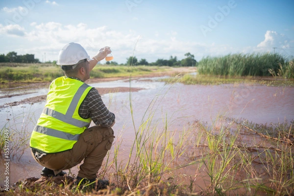 Fototapeta An environmental engineer examines water samples from a natural to identify organisms in ecosystem