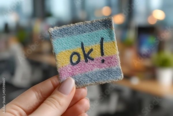 Obraz Woman’s hand with pink nails holding a rough-textured yellow sticky note that says “ok!” against a blurred colorful background. Perfect for motivational visuals, reminders, and web design.