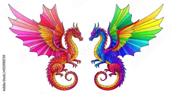 Fototapeta Two Colorful Dragons Facing Each Other with Wings Spread on White Background