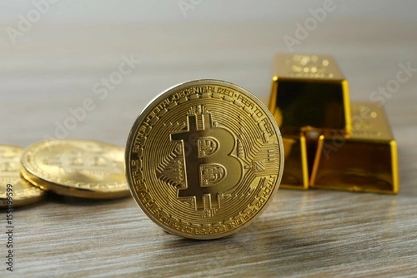 Fototapeta Bitcoin and cryptocurrency investment concept. Electronic decentralized money concept