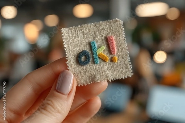 Obraz Yellow square note with handwritten “ok!” held by a female hand in a vivid creative office setting. Great for concepts of agreement, confirmation, mindset, or productivity communication.