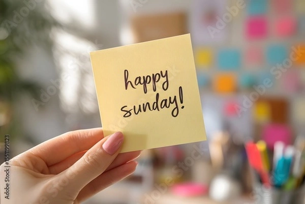 Obraz Yellow sticky note with “Happy Sunday!” text held by a woman’s hand in a bright desk area full of colorful supplies. Suitable for blogs, social media designs, and cheerful weekend messages.