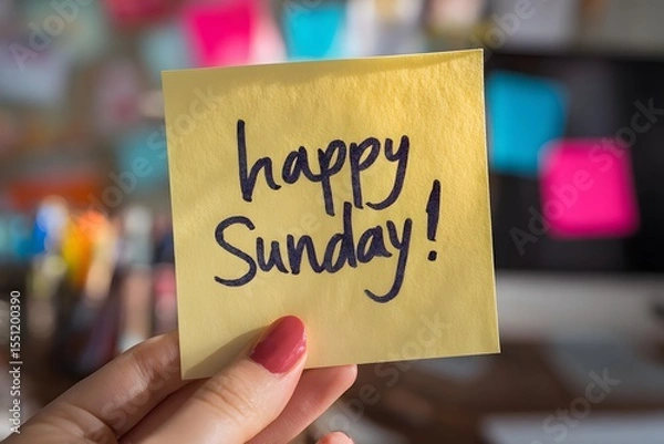 Obraz A woman’s hand holding a yellow sticky note with handwritten “Happy Sunday!” in a cozy and creative workspace. Perfect for lifestyle themes, motivation, weekend content, and social media posts.