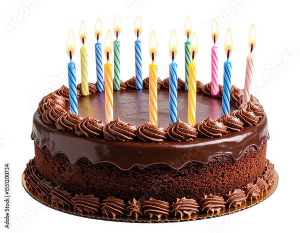 Obraz Chocolate Birthday Cake with Colorful Candles – Transparent PNG Cutout