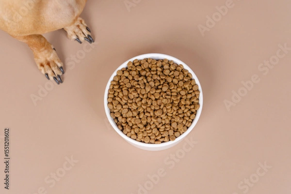 Obraz Closeup of a bowl of dog food on beige floor perfect for minimalist pet nutrition ads or product label mockups