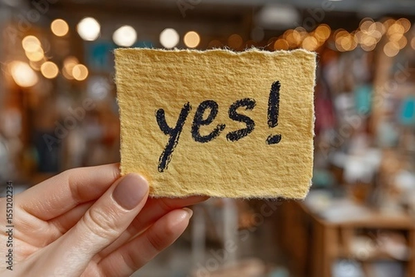Obraz Close-up of a male hand holding a textured yellow sticky note with handwritten “yes!” text in a vibrant background. Perfect for motivation, approval, business success, and inspirational themes.