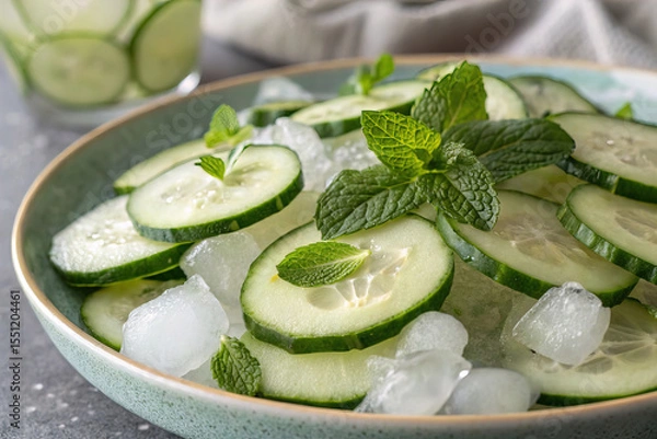 Fototapeta Fresh Cucumber Slices with Mint and Ice Mist