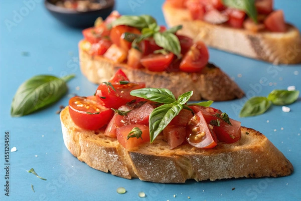 Fototapeta Bruschetta with Tomatoes and Basil on Blue Background