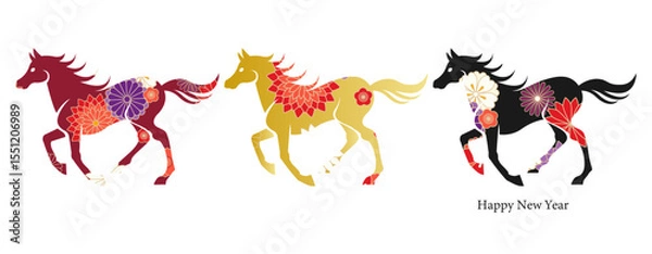 Fototapeta 駆ける馬のシルエットイラスト素材セット ベクター 干支 十二支 和花 年賀 白背景