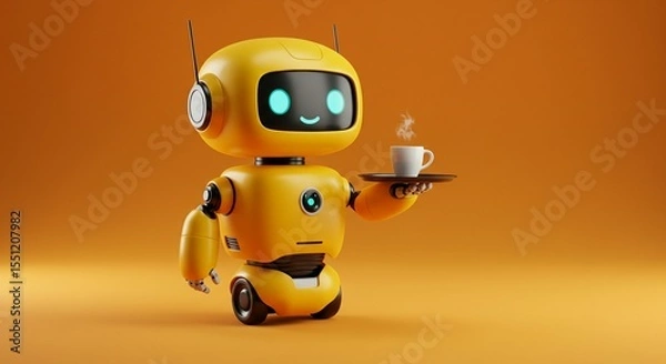 Obraz Friendly yellow robot serving coffee