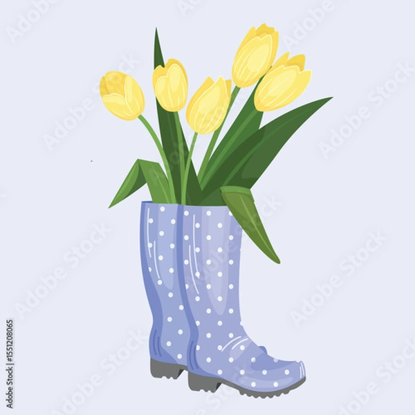 Fototapeta Vector illustration with yellow tulips in rubber boots isolated on white background. Concept of spring gardening, farming, greetings. Floral arrangement. Bright arrangement of flowers.