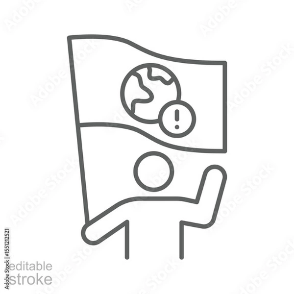 Fototapeta Climate Protest Icon. Environmental Activist Outline. Editable Stroke Person with Planet Sign. Global Warming Awareness Symbol. Urgent Ecology Message.
