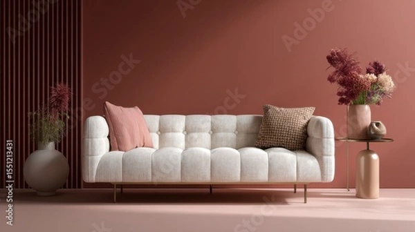Obraz A 4K photo of white cushion centered on pink sofa, terracotta studio backdrop and side light, mockup photography for interior branding and home decor.