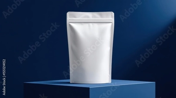 Obraz A 4K photo of white matte standing pouch on white cube with navy blue background, soft top lighting in minimalist packaging mockup.