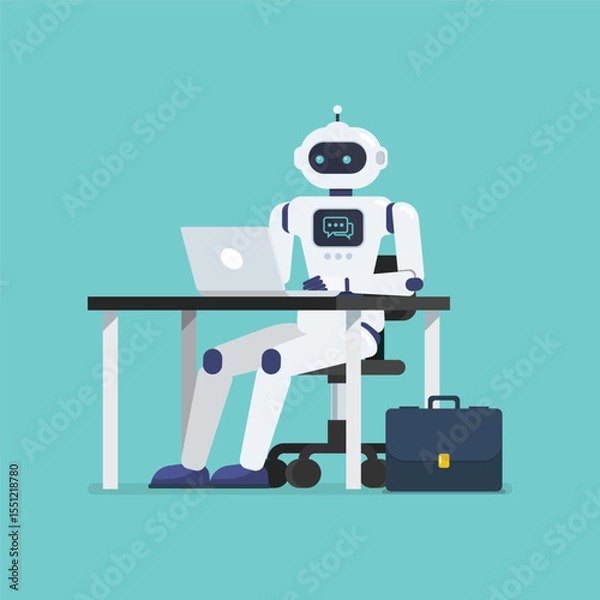 Obraz Robot is working on a laptop computer at office desk