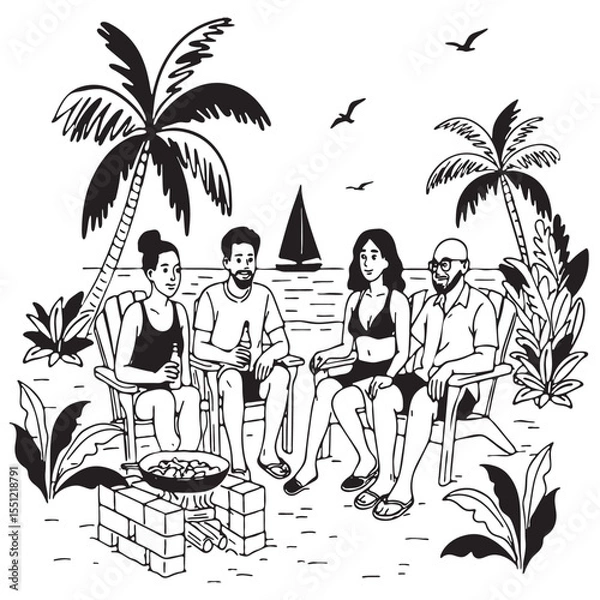 Fototapeta camping by the water vector sketch summer landscape with palm trees. company of people on the beach vector hand drawn