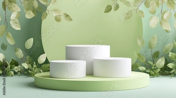 Obraz A 4K photo of 3D background with realistic green, white cylinder stand podium and green leaf wall scene. Pastel minimal mockup product display. Abstract geometric platforms.
