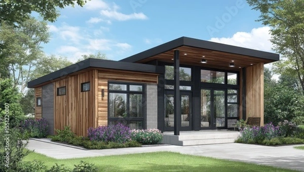 Fototapeta Modern, single-story house rendering with wood siding, flat roof, large windows, and covered patio.  Landscaped yard