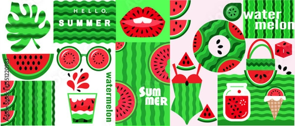 Obraz Summer watermelon abstract banner concept design background in cartoon style Set icons for bar, cafe. menu, web-banner, social media post Vector cute flat illustration