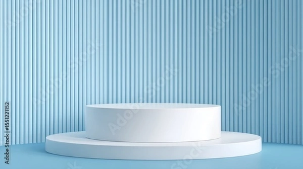 Obraz A 4K photo of 3D blue podium white table background with vertical pattern wall. Abstract composition minimalist design. Studio display showroom cosmetic stand product.
