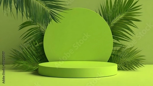 Obraz A 4K photo of 3D green podium background with palm leaf shadow and circle backdrop. Abstract geometric composition minimalist design. Studio display showroom product.