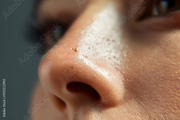 Obraz Detailed human nose with blackheads, showing uneven skin texture and visible pores on the nose area, perfect for illustrating acne issues, skincare treatments, or beauty product ads.