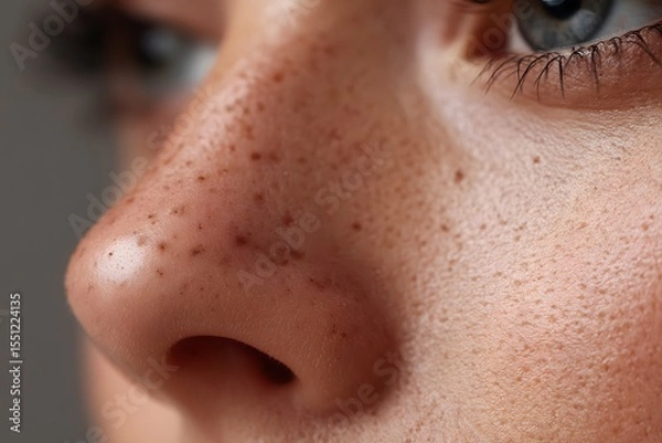 Obraz Extreme close-up of nasal skin, highlighting blackheads and sebaceous buildup on the nose, ideal for cosmetic campaigns, skin treatment visuals, or dermatological research materials.