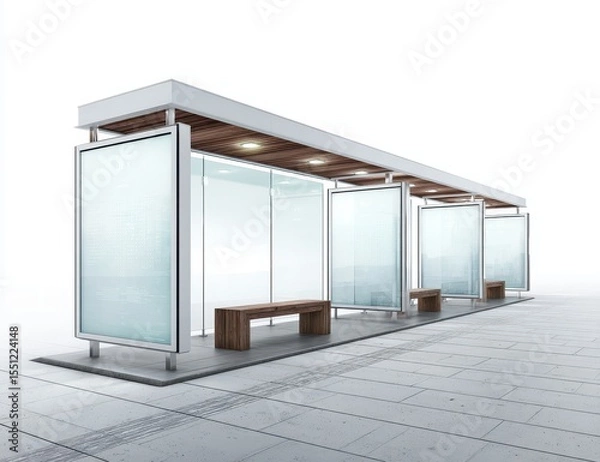 Fototapeta Modern bus shelter with glass panels, wooden bench, and blank advertising spaces, set against a white background
