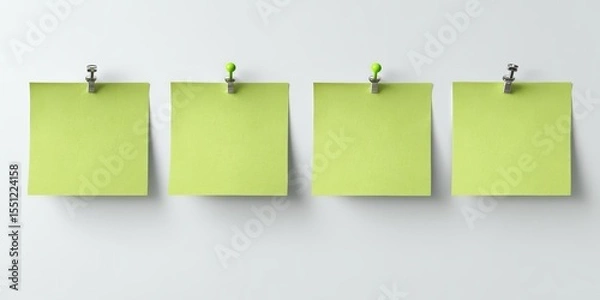 Fototapeta Four pale-yellow square sticky notes pinned to a white wall; two pins are silver, two are lime green