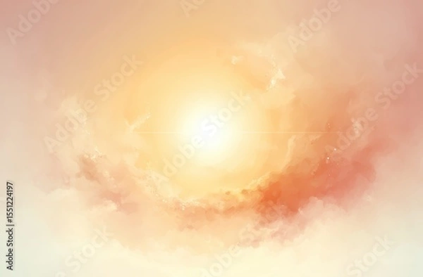 Fototapeta A radiant sun, luminous and bright, is encircled by soft, peach-toned clouds, creating a serene and ethereal atmosphere