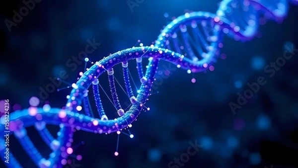 Fototapeta Abstract Glowing Blue and Purple DNA Helix with Bokeh Background