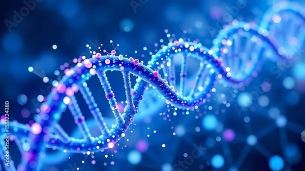 Fototapeta Abstract Blue and Pink DNA Double Helix with Glowing Particles and Bokeh Background