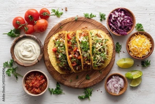 Fototapeta Overhead shot of three ground beef tacos on a wooden board, surrounded by various toppings like shredded cheese, chopped onions, red cabbage slaw, salsa, and sour cream.