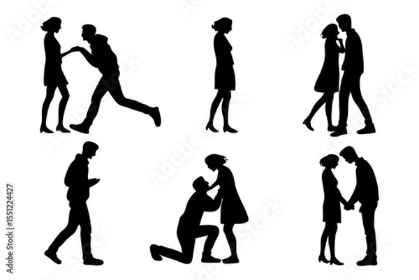 Fototapeta Silhouetted Romance: Six elegant silhouettes capture the essence of courtship, displaying various stages of connection and affection in monochrome simplicity.