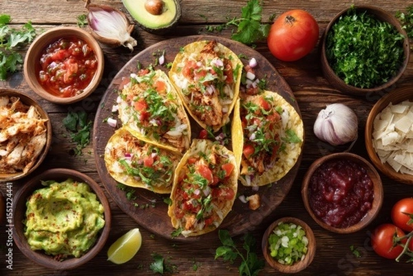 Fototapeta Overhead shot of six pulled chicken tacos on a rustic wooden board, surrounded by various fresh ingredients and condiments, including salsa, guacamole, and chopped vegetables