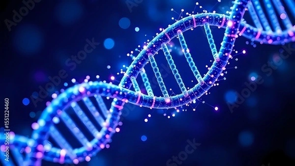 Fototapeta Glowing Blue and Purple DNA Helix with Sparkling Particles on Dark Background