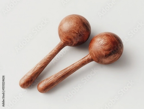 Fototapeta Two richly-grained, dark brown wooden maracas rest on a stark white background, showcasing their smooth, rounded heads and slender handles