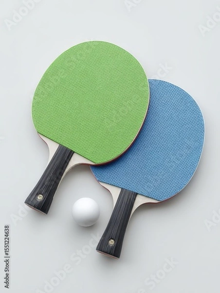 Fototapeta Two ping pong paddles, one green, one blue, with a white ball rest on a white background