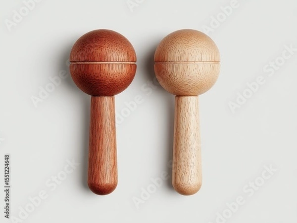 Fototapeta Two simple, wooden baby rattles; one dark reddish-brown, one light beige; minimalist design, shown against a neutral background