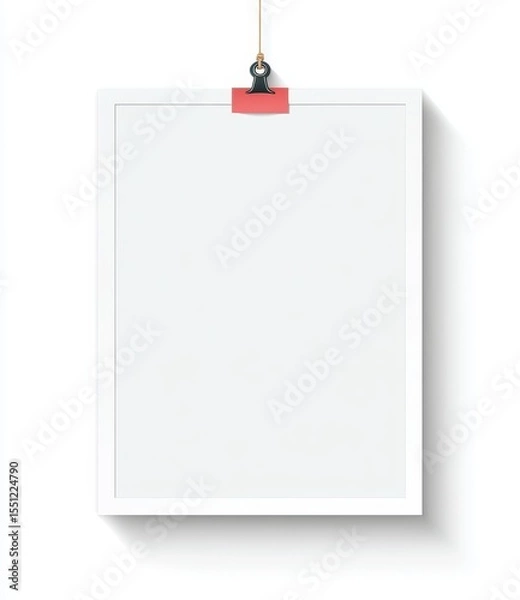 Fototapeta A minimalist white framed poster hangs from twine, secured by a red clip.  A subtle shadow is cast below