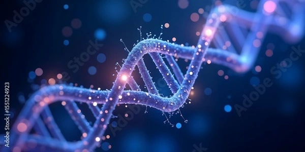 Fototapeta Close Up of a Glowing Blue DNA Double Helix with Sparkling Particles and Bokeh Effects