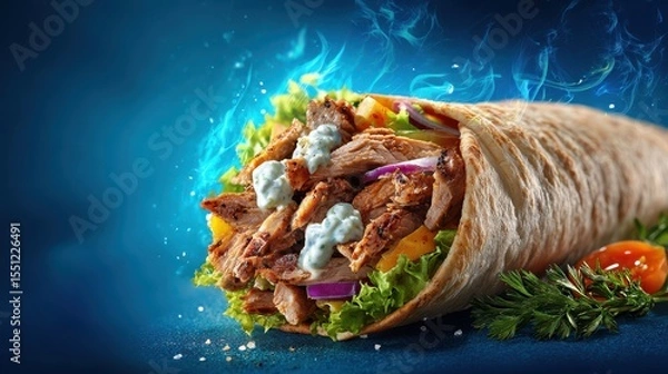 Obraz A 4K photo of hot mouth watering image of yummy shawarma with blue background, food advertisement background.